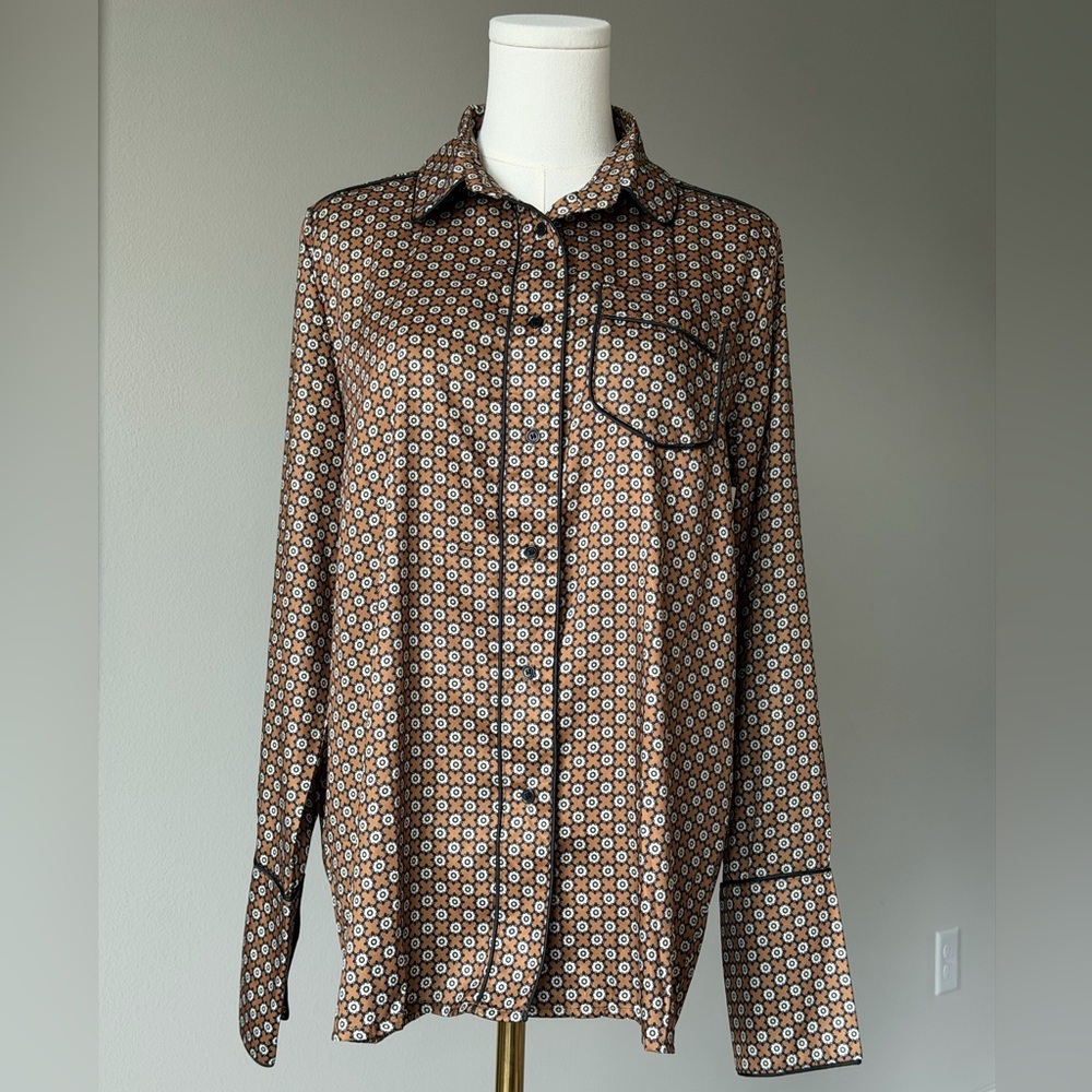 Avantlook Brown Daisy Floral Button-Front Shirt Blouse / Boho Retro